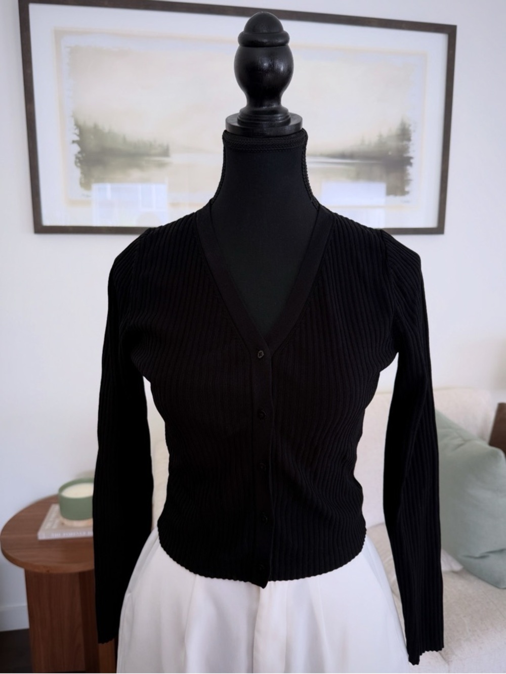 Women’s Black Ribbed V‑Neck Button Cardigan Sweater